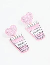 Silver Pink Heart Coffee Drop Earrings