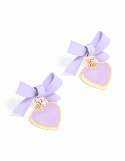 Gold Light Purple Coated Metal Bow Heart Drop Stud Earrings