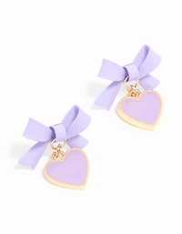 Gold Light Purple Coated Metal Bow Heart Drop Stud Earrings