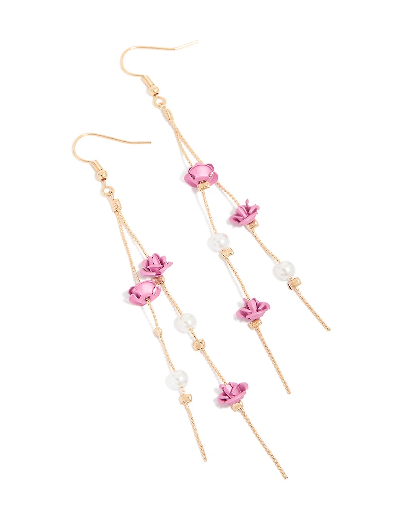 Gold Pearl & Pink Rose Chain Drop Earrings
