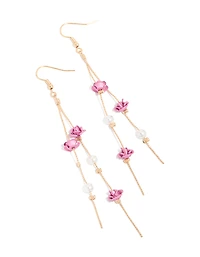 Gold Pearl & Pink Rose Chain Drop Earrings
