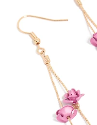 Gold Pearl & Pink Rose Chain Drop Earrings