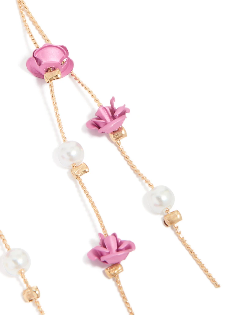 Gold Pearl & Pink Rose Chain Drop Earrings