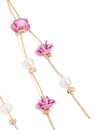 Gold Pearl & Pink Rose Chain Drop Earrings