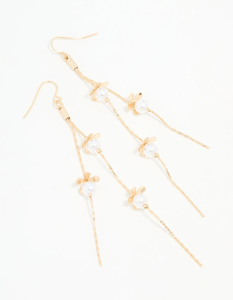 Gold Pearl Flower Chain Drop Earrings