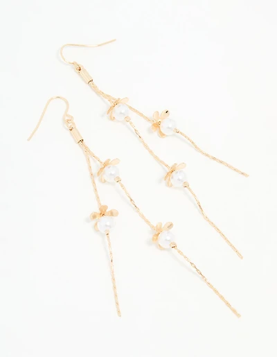 Gold Pearl Flower Chain Drop Earrings