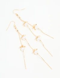 Gold Pearl Flower Chain Drop Earrings