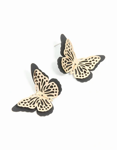 Gold Black Coated Metal Butterfly Stud Earrings