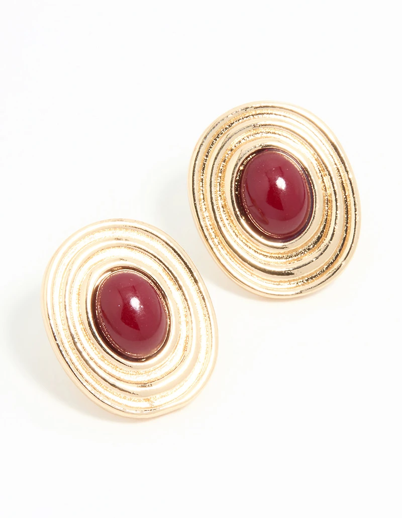 Gold Red Stone Vintage Round Statement Stud Earrings