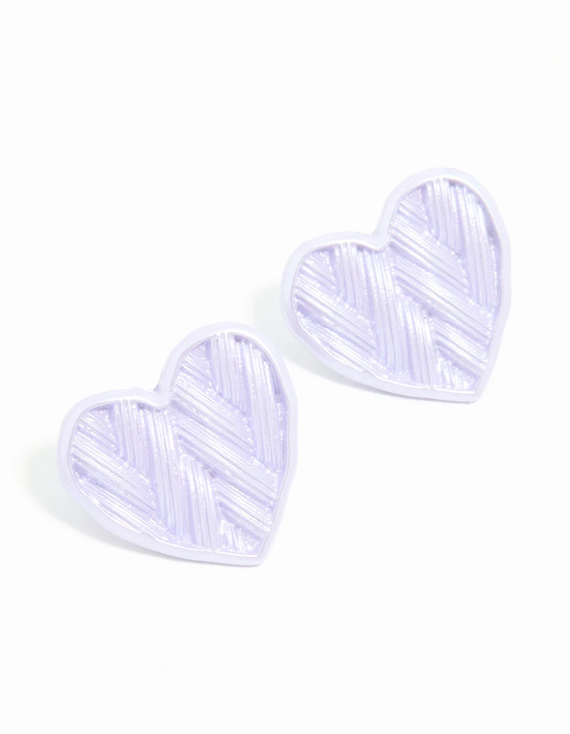 Silver Purple Coated Metal Textured Heart Stud Earrings