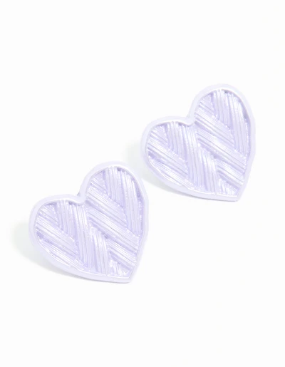Silver Purple Coated Metal Textured Heart Stud Earrings