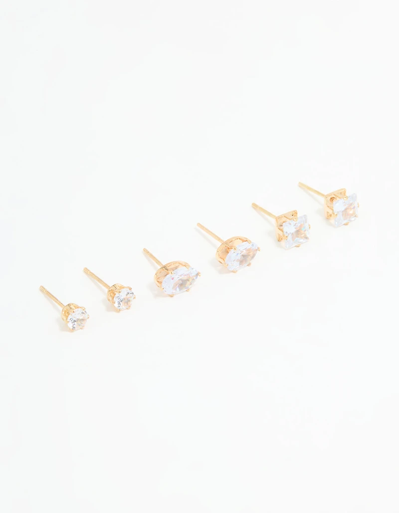 Gold Diamante Mixed Stud Earrings 3-Pack