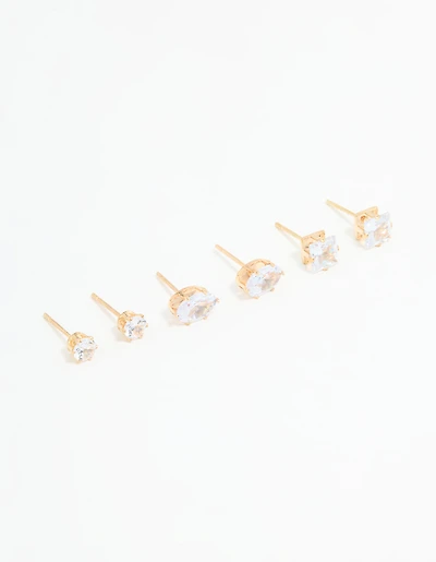 Gold Diamante Mixed Stud Earrings 3-Pack