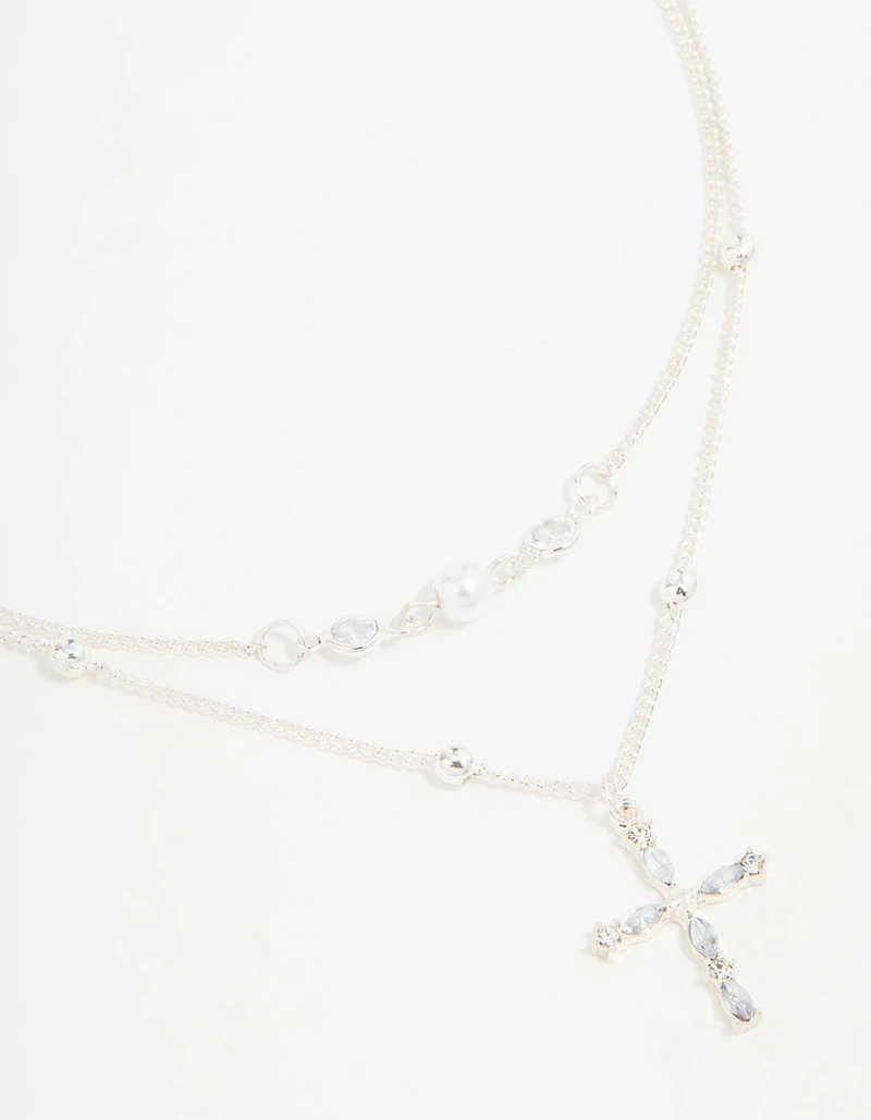 Silver Beaded Diamante Cross Layered Necklace