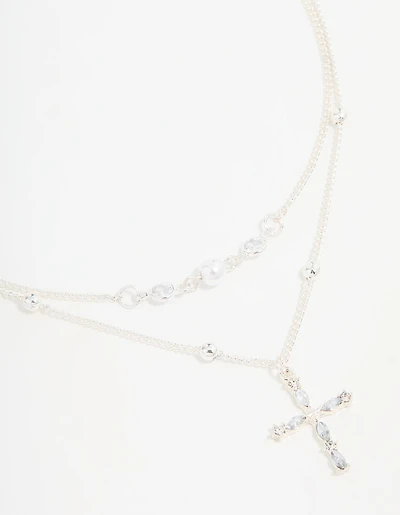 Silver Beaded Diamante Cross Layered Necklace