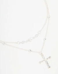 Silver Beaded Diamante Cross Layered Necklace