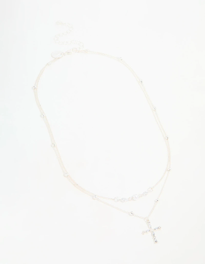 Silver Beaded Diamante Cross Layered Necklace
