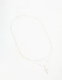 Silver Beaded Diamante Cross Layered Necklace