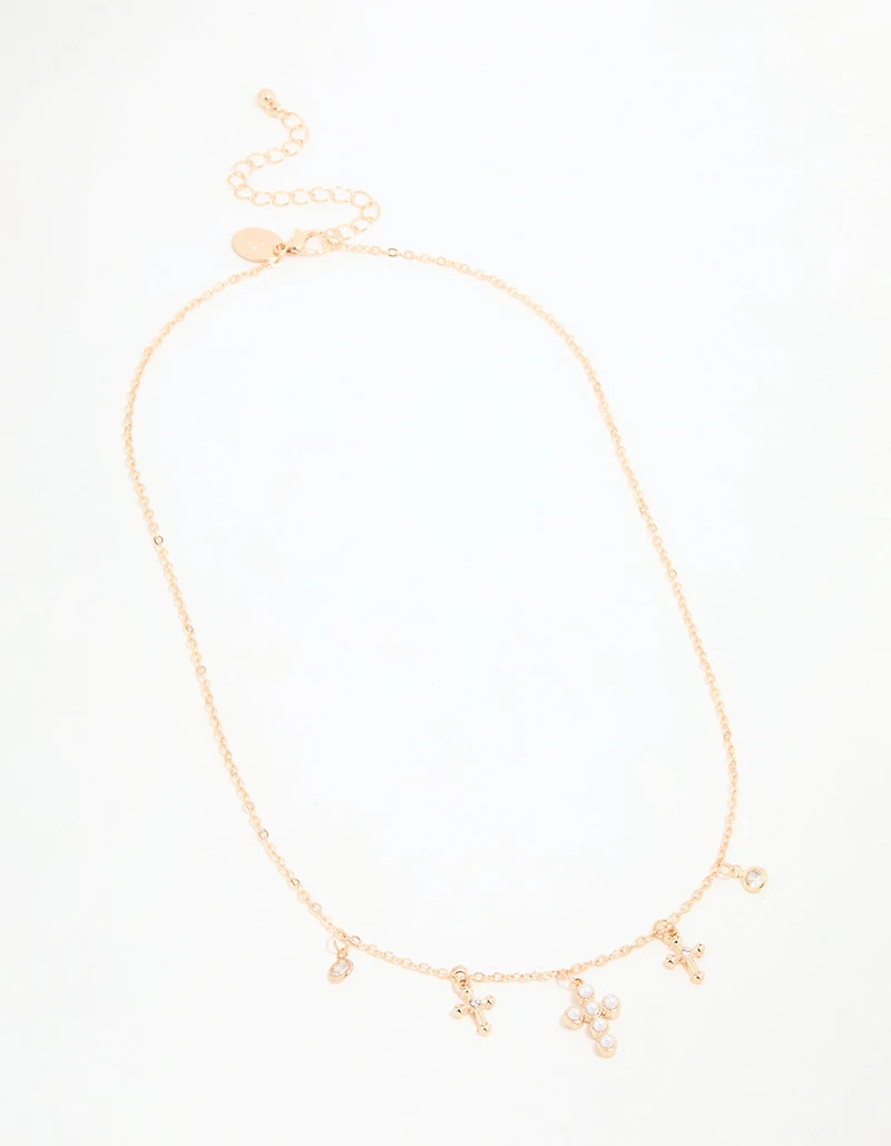 Gold Pearl Diamante Cross Charm Necklace