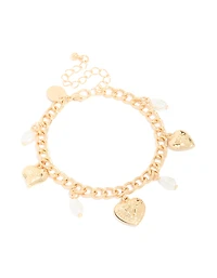 Gold Pearl Heart Charm Bracelet