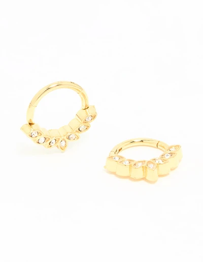 Gold Plated Surgical Steel Cubic Zirconia Leaf Clicker Sleeper Hoop Earrings