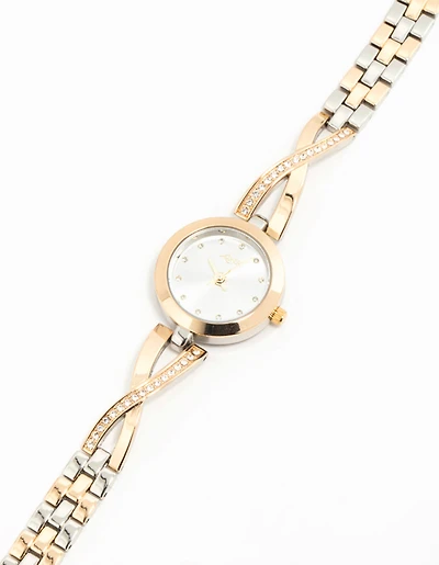 Mixed Metals Diamante Small Round Watch