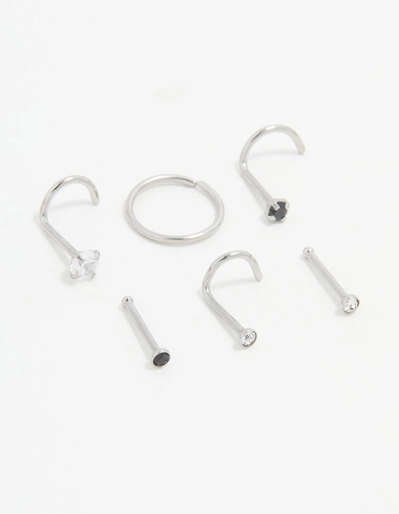 Surgical Steel Black Cubic Zirconia Nose Ring & Stud 6-Pack