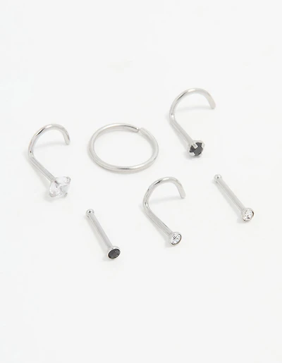 Surgical Steel Black Cubic Zirconia Nose Ring & Stud 6-Pack