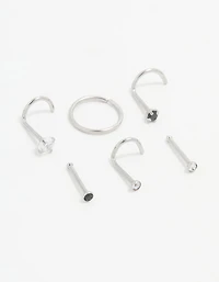 Surgical Steel Black Cubic Zirconia Nose Ring & Stud 6-Pack