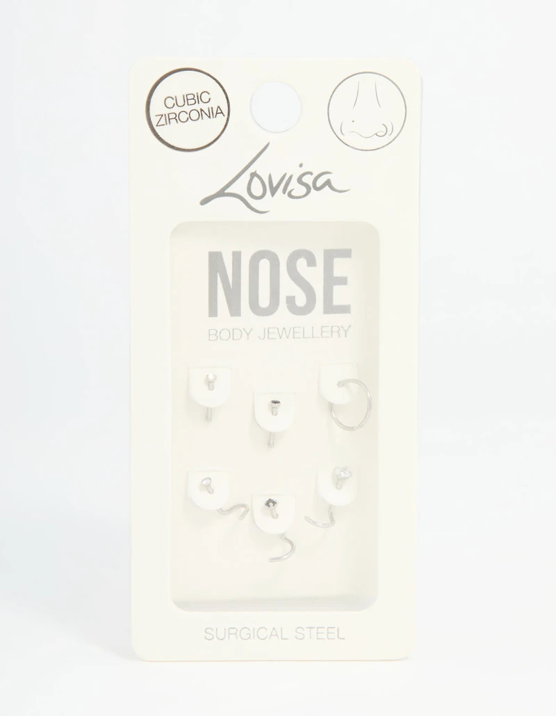 Surgical Steel Black Cubic Zirconia Nose Ring & Stud 6-Pack