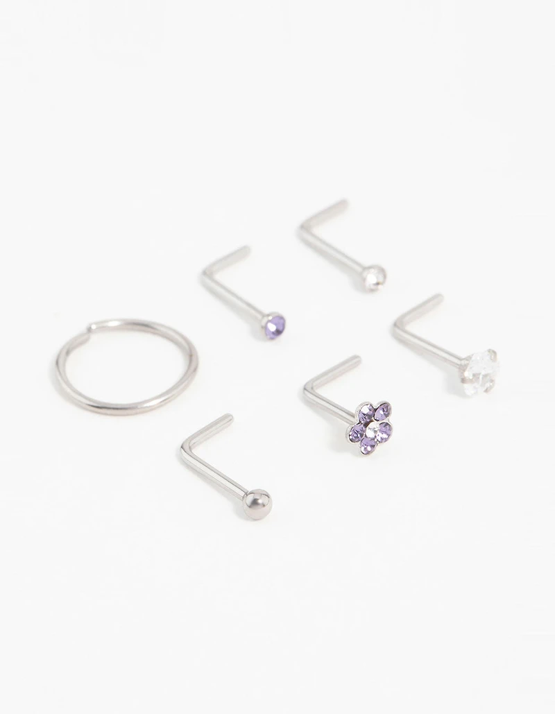 Surgical Steel Cubic Zirconia Flower Nose Piercing 6-Pack