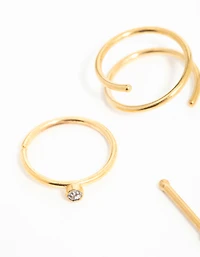 Gold Plated Surgical Steel Cubic Zirconia Bezel Nose Piercings 6-Pack
