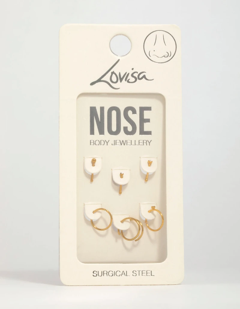 Gold Plated Surgical Steel Cubic Zirconia Bezel Nose Piercings 6-Pack