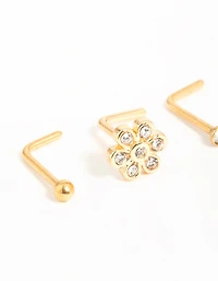 Gold Plated Surgical Steel Cubic Zirconia Flower Nose Piercings 3-Pack