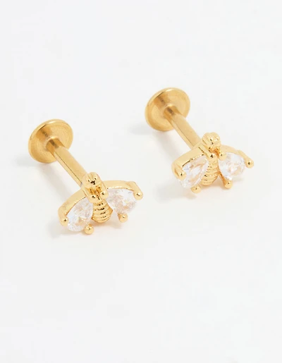 Gold Plated Surgical Steel Double Bee Cubic Zirconia Flat Back Studs