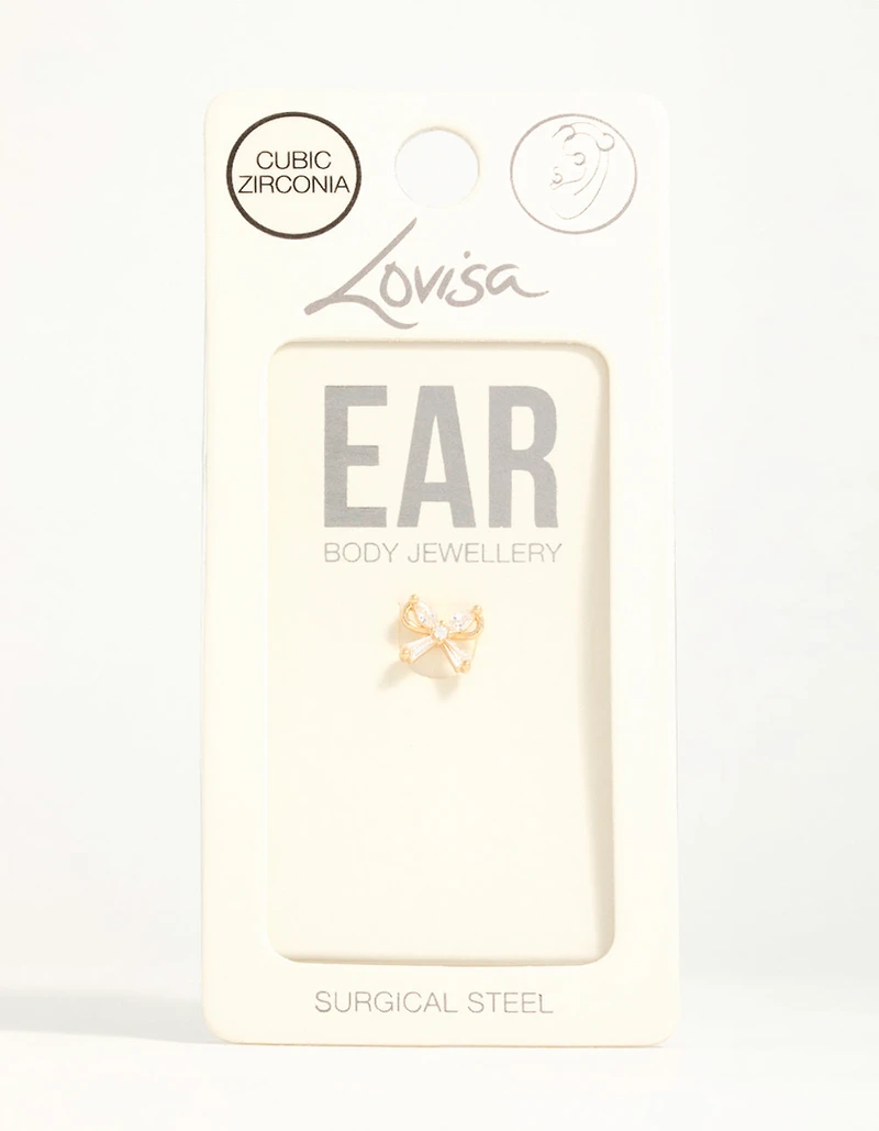 Gold Plated Surgical Steel Cubic Zirconia Bow Flat Back Stud