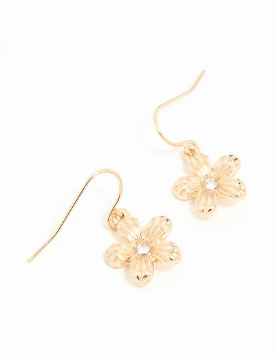 Gold Diamante Flower Drop Earrings