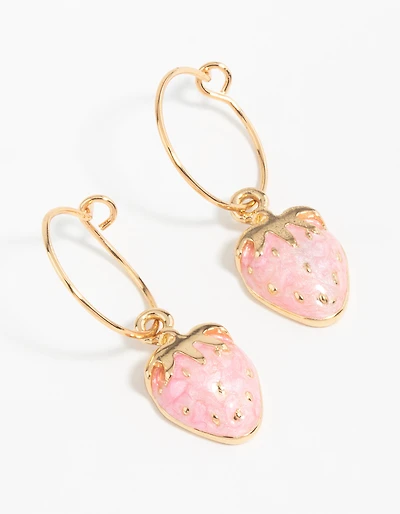 Gold Pink Strawberry Hoop Earrings