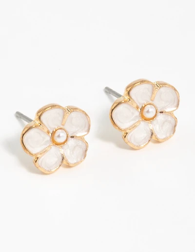Gold Pearl Center Flower Stud Earrings