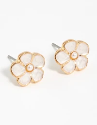 Gold Pearl Center Flower Stud Earrings