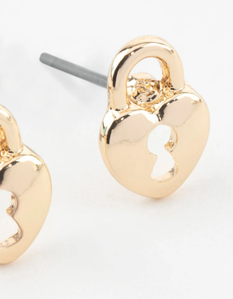 Gold Heart Lock Textured Stud Earrings