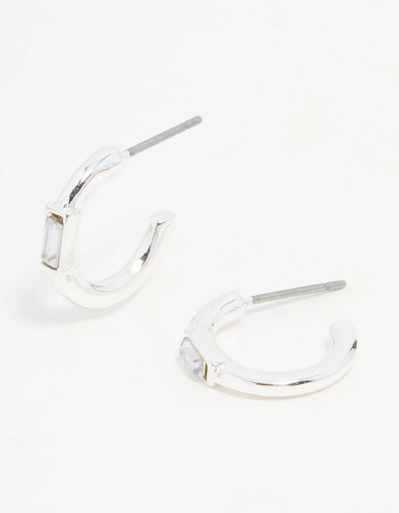 Silver Diamante Baguette Huggie Earrings