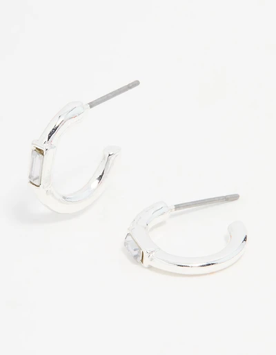 Silver Diamante Baguette Huggie Earrings