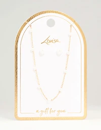 Gold Pearl Station Necklace & Earrings Set