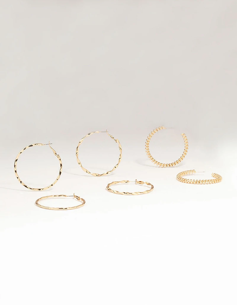 Gold Smooth & Twist Hoop Earrings 3-Pack