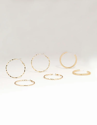 Gold Smooth & Twist Hoop Earrings 3-Pack