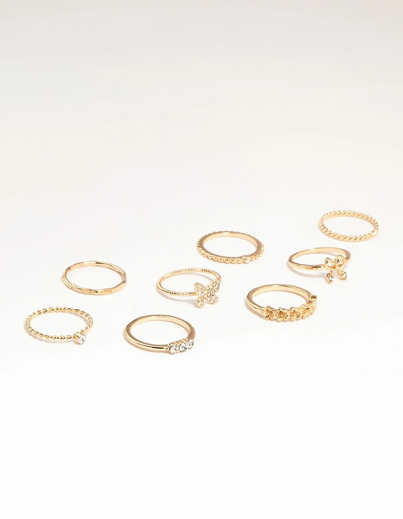Gold Butterfly & Bow Rings 8-Pack