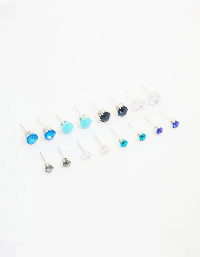 Silver Blue Diamante Stud Earrings 8-Pack