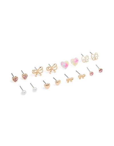 Gold Bow & Heart Stud Earrings 8-Pack