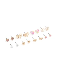 Gold Bow & Heart Stud Earrings 8-Pack